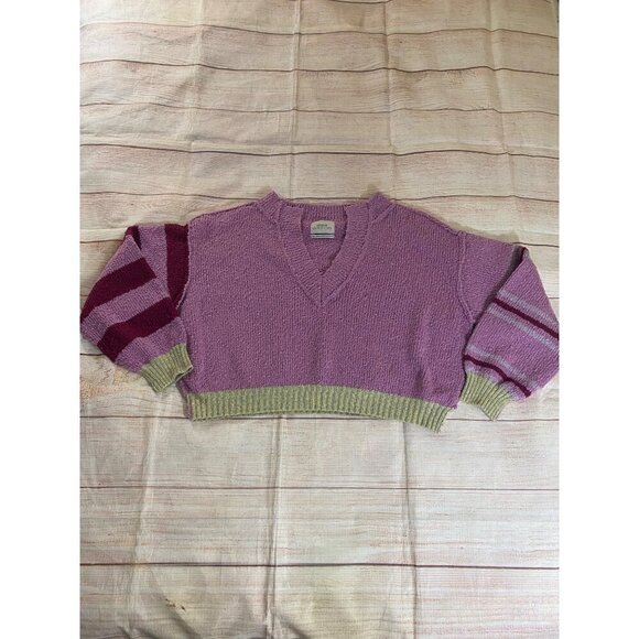 Urban Outfitters Women's Pink/Purple Notched V Neck Crop Sweater - Medium - Picture 5 of 13